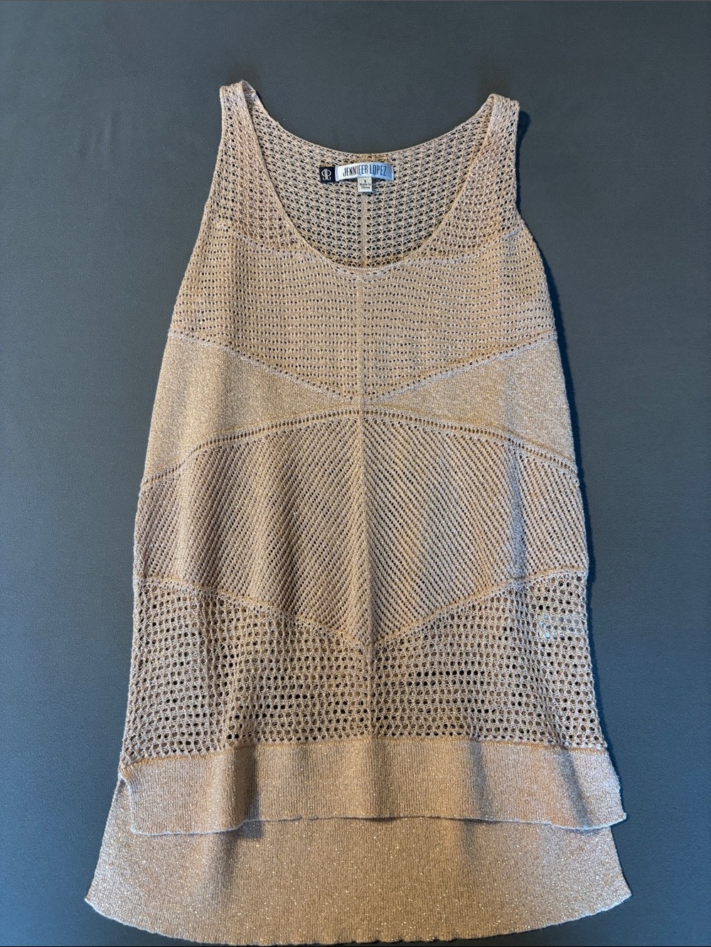 Jennifer Lopez Taupe Metallic Crochet Layered Tank
